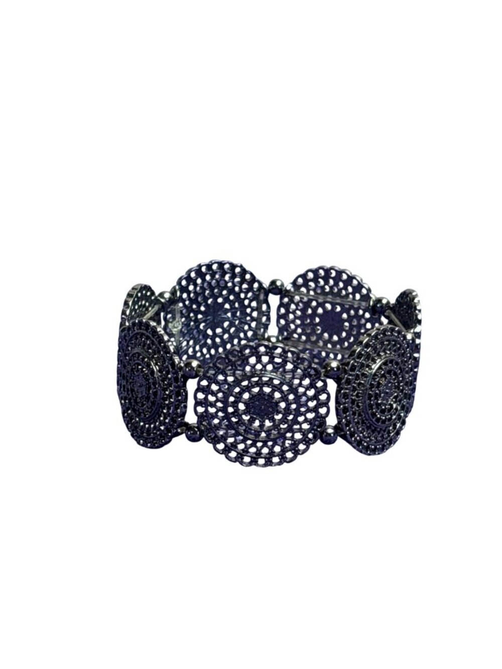 Silvertone Filigree Circles Stretchy Bracelet 7.25 inches Unstretched
